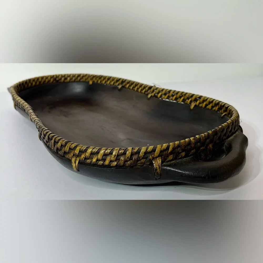 Vintage Wood and Wicker Carved‎ Pig Basket Fruit Trinket Tray 18.5" Long - Picture 7 of 10